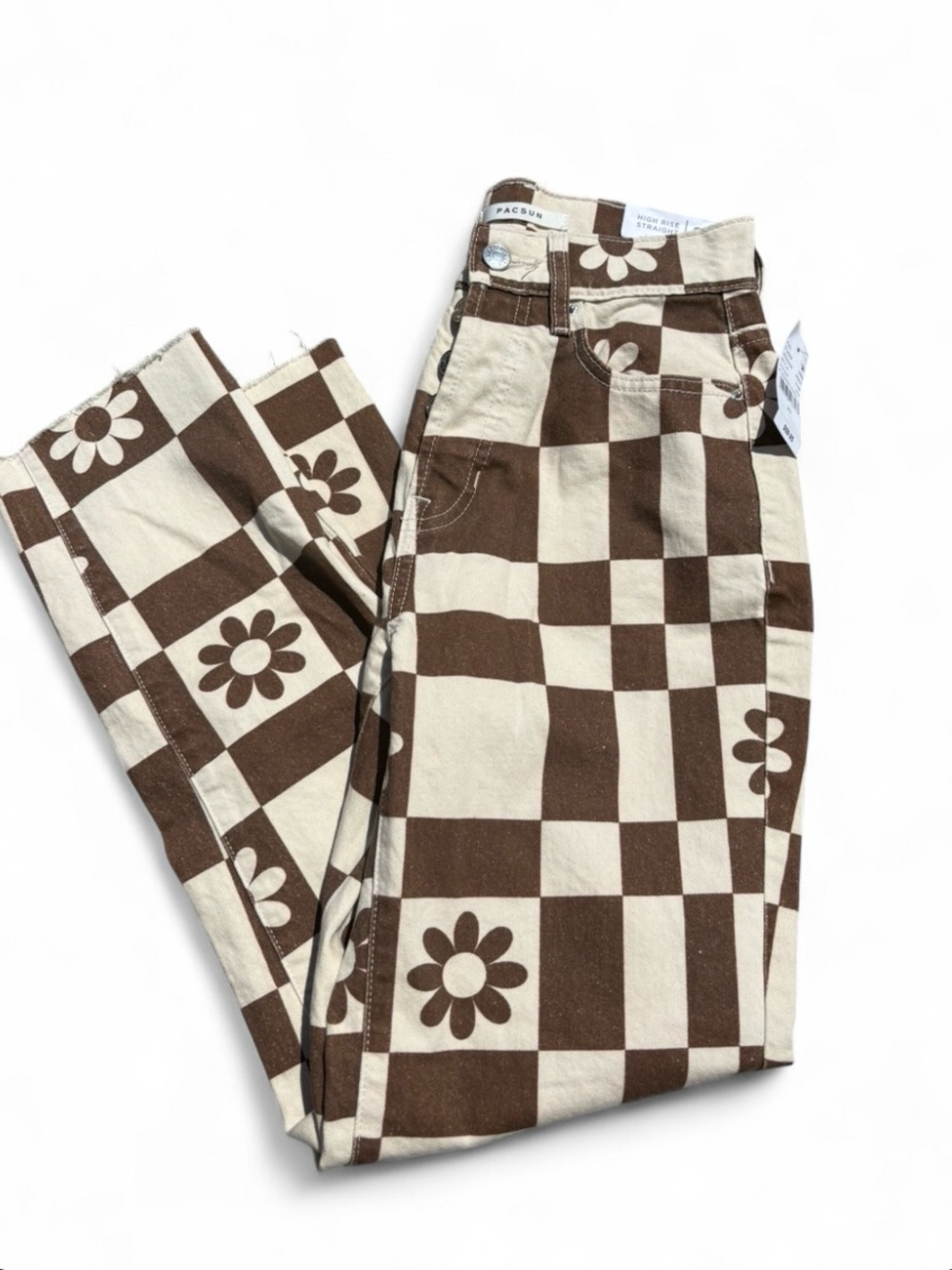 PacSun Retro High Rise Straight Leg Brown & Cream Checkerboard Daisy Pants NEW